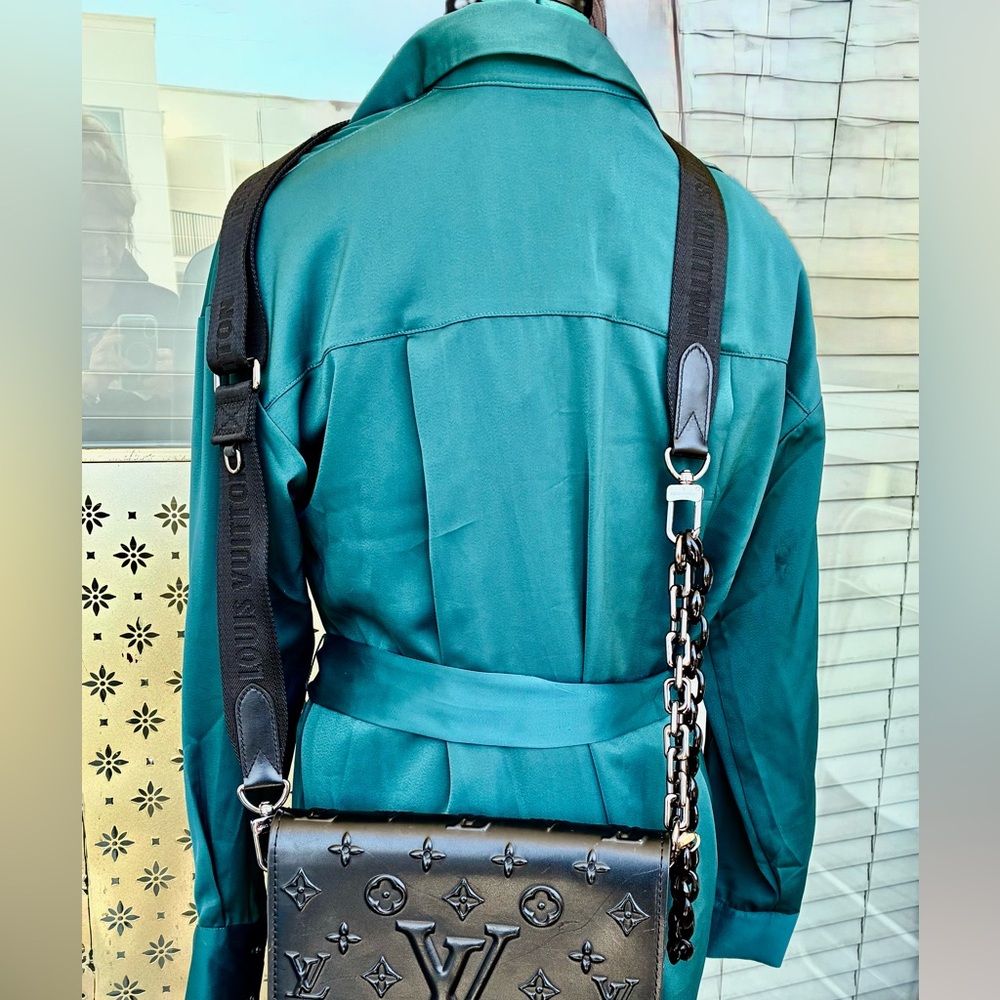Louis Vuitton Black Embossed Logo Strap with 2 Chain Straps (Black, Metal) New